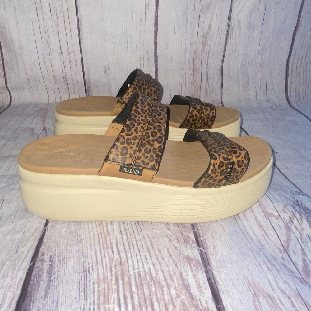 Hey Dude Austin Slide Classic Womens 11 Tan Leopard Platform Sandals EU 42